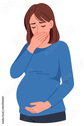 Pregnant Woman Feeling Nauseous Morning Sickness with Hand Covering Mouth in Blue Sweater