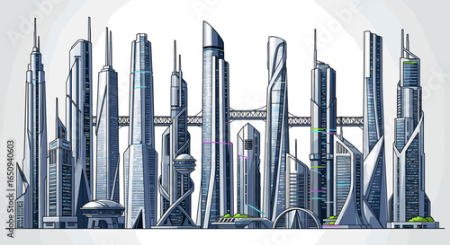 Illustration of a futuristic cityscape with various skyscrapers and architectural designs in silver tones