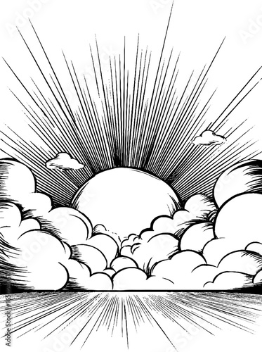 Engraved illustration of a sunset scene over the horizon with clouds and rays