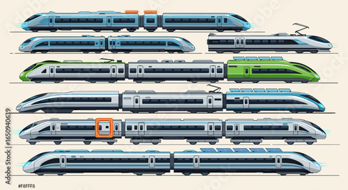 Illustration showcasing a variety of modern high speed trains with different designs and color schemes
