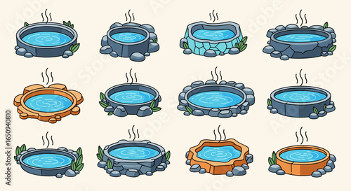 Illustration of twelve hot tubs with steaming water surrounded by rocks and wood in various designs
