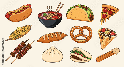 A delightful assortment of globally inspired foods including hotdog ramen taco pizza and more delicious items