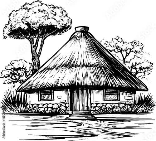 Charming thatched roof cottage with rustic landscape, perfect for vintage design and art projects