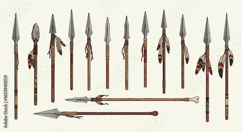 Illustration showing a collection of spears with various designs and decorations on a light background