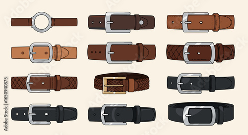 Collection of twelve different leather belts with varying buckles and designs in a grid format