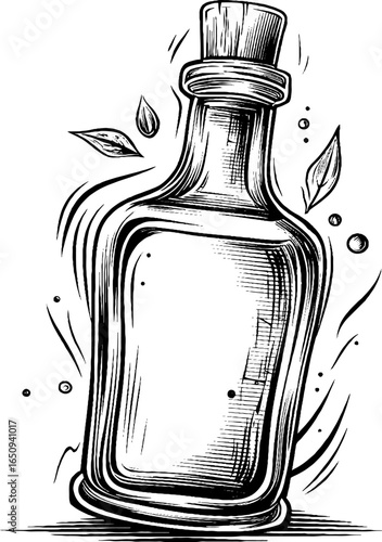 Vintage tincture bottle engraving with leaves and bubbles for retro design