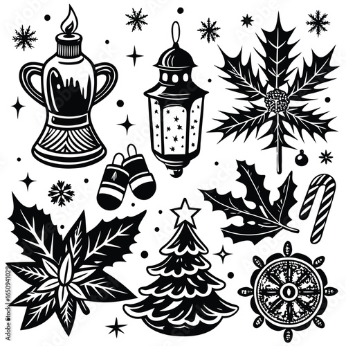 Elegant Black & White Christmas Tattoo Flash Designs: Festive Holiday Ink