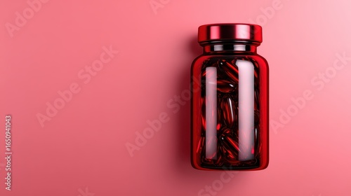 Wallpaper Mural A prominent red capsule bottle filled with supplements sits against a pink background, symbolizing health and vitality, while adding a vibrant touch to modern wellness concepts. Torontodigital.ca