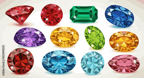 An array of twelve colorful gems with different shapes and cuts displayed on a white background surface