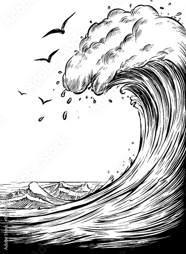Dramatic tsunami wave and birds in vintage engraving style for nautical themes