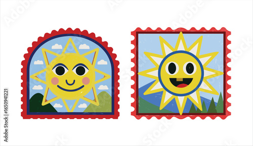 Playful yellow sun with big cheeks and bright triangular rays smiling against a backdrop of blue sky and green hill in red-bordered frame