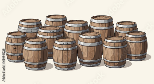 A collection of eleven wooden barrels with metal hoops arranged in a clustered formation on a light surface