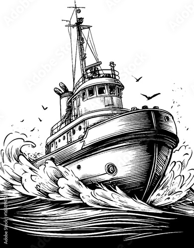 Vintage tugboat engraving – nautical sketch with bold black lines for maritime design