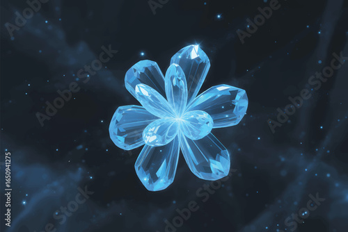 A digital art image of a glowing blue crystalline flower formation on a dark blue-black background