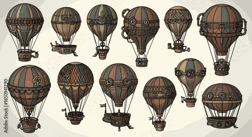 Collection of steampunk inspired hot air balloons with intricate designs and various basket styles shown