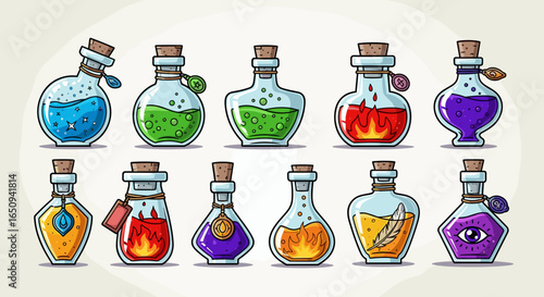 Collection of cartoon potion bottles with various colorful liquids and unique magical elements inside them