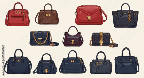 Display of ten stylish handbags in various colors and designs arranged against a neutral backdrop image
