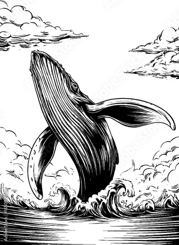 Vintage engraved illustration of whale breaching ocean waves