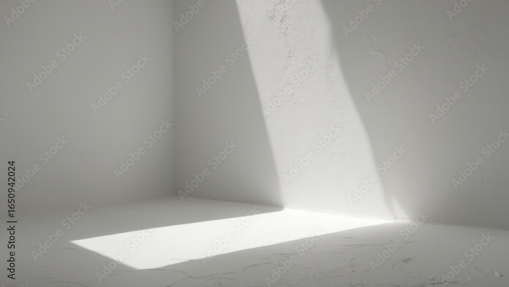 Fototapeta premium A white corner with sunlight casting a shadow on the wall and floor. Minimalist interior with natural lighting and clean lines.