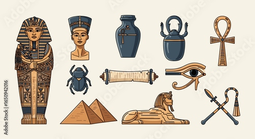 Illustration of ancient egyptian symbols and artifacts including a sarcophagus and the sphinx statue