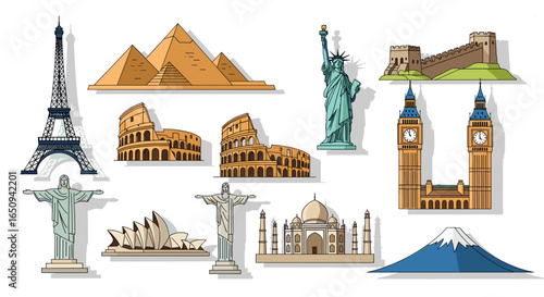 Landmarks of the world featuring eiffel tower pyramids colosseum statue of liberty and more iconic sites