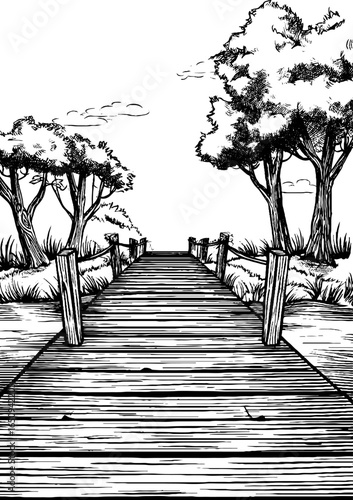 Engraved wooden bridge illustration in black and white – nature inspired design for art prints