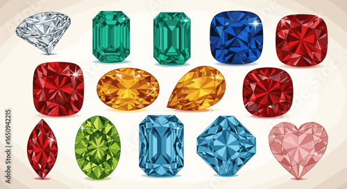 Assortment of colorful faceted gemstones in various shapes and cuts arranged on a light background