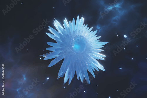A digital art image of a glowing blue crystalline flower formation