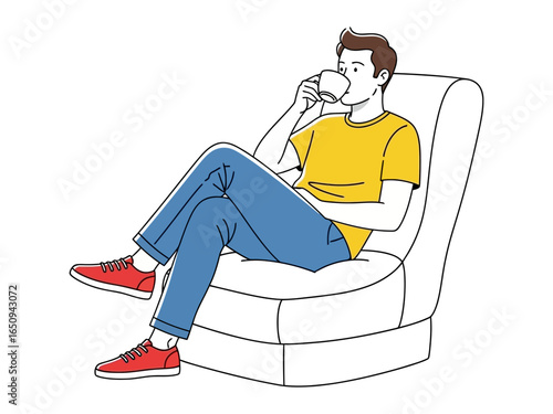Rest and Relaxation: A person relishes a tranquil moment, sipping from a cup while reclining comfortably on a soft chair, epitomizing peacefulness and repose.