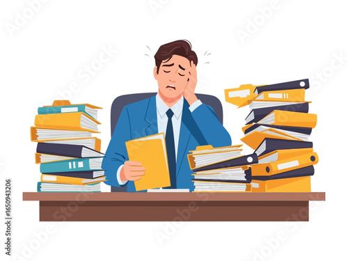 Overwhelmed by Bureaucracy: A weary office worker is swamped by a mountain of files and documents. Depicting the relentless grind of office work and the crushing weight of paper. 
