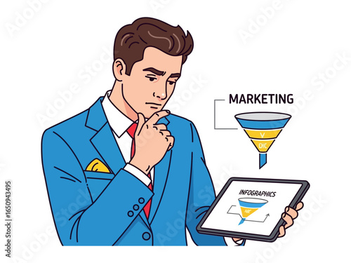 Marketing Strategy: A contemplative business professional scrutinizes marketing infographics on a digital tablet, analyzing the sales funnel to refine strategy and drive success.
