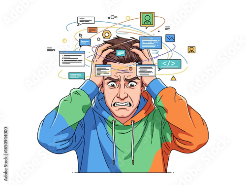 Overflowing Code: A stressed individual grapples with a swirl of coding elements. The illustration captures the mental strain of digital tasks, showcasing the challenge of complex IT projects.