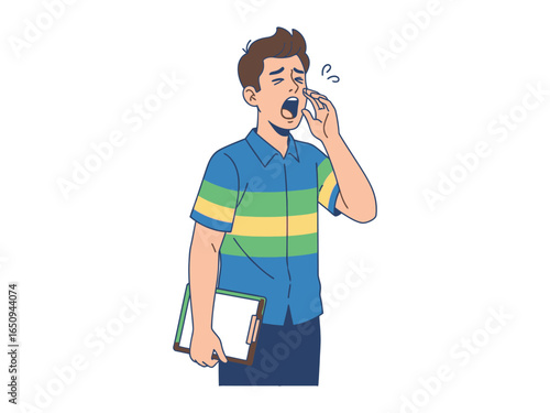 A Concerned Young Man: A worried young man in a striped shirt, is expressing frustration and anxiety in an illustration that captures the relatable experience of modern life struggles.