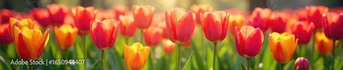 Vibrant tulips in a lush spring garden bursting with color; sunlit petals, fresh green leaves, a symphony of springtime blooms , colorful flowers, close-up