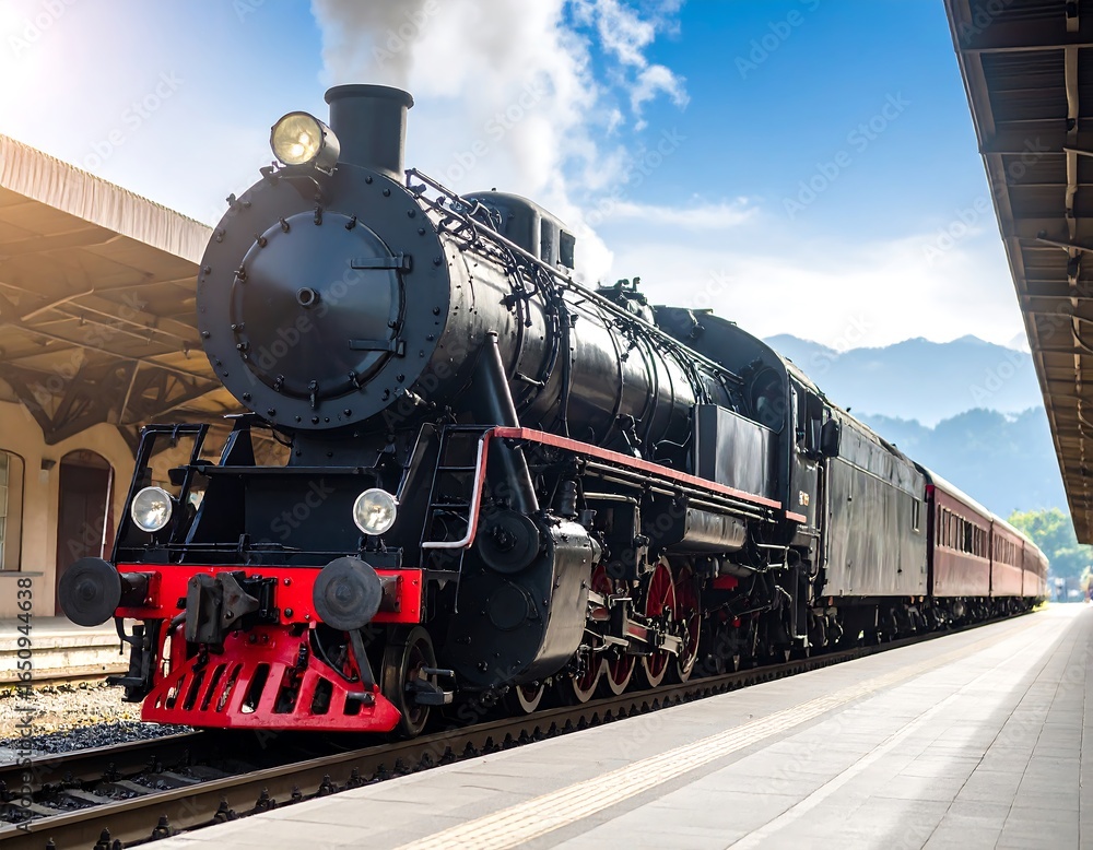 Fototapeta premium Majestic steam locomotive at station with mountain backdrop, transportation heritage