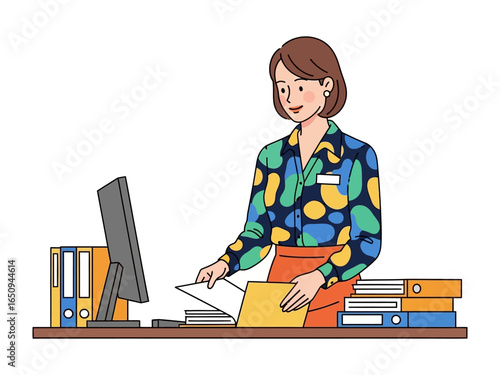 Office Worker Sorting Documents: A dedicated office worker sorts through a stack of documents at her desk, showcasing meticulous attention to detail and commitment to organization.