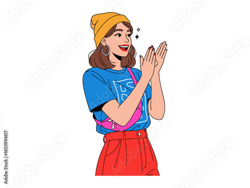 Cheerful Young Woman Clapping Hands: Captivating portrait of a stylish young woman, radiating positivity and happiness with an enthusiastic clap.