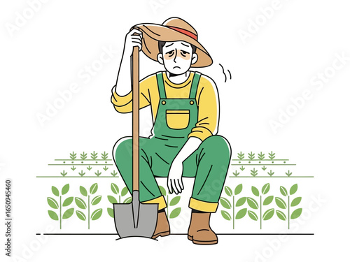 Weary Farmer's Respite: A lone farmer, weary from his labor, pauses amidst his verdant crops.