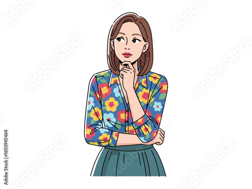 Thinking Woman with Floral Shirt: A contemplative woman, her eyes gazing upwards, is deep in thought, her chin resting gently on her hand, showcasing a blend of focus and introspection.