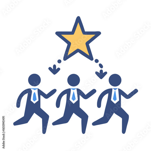 Team of business employees is chasing star to achieve professional success and fulfill group goal. Team of office workers demonstrate ambition and inspiration as they compete to fulfill sales plan. Se