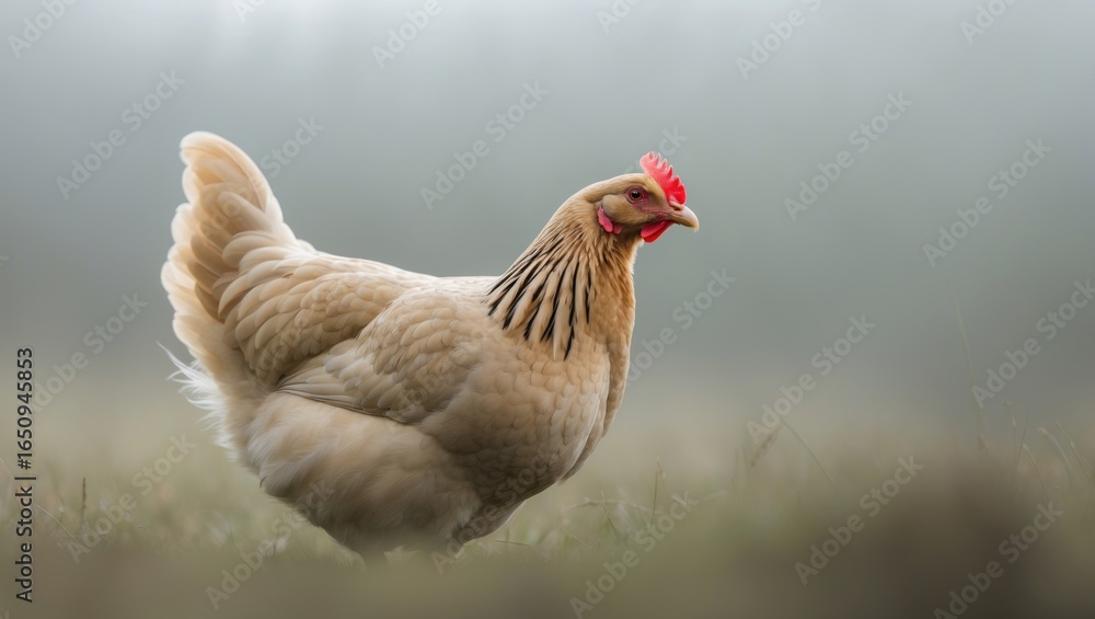 Naklejka premium A hen standing on grass with a blurred background.