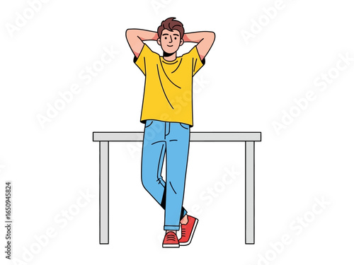 Relaxed Moments: A young man dressed casually leans casually against a table, hands behind head, evoking a sense of ease and contemplation in a minimalist style.