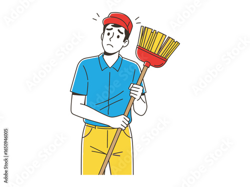 Cleaning Day's Dilemma: A person stares pensively, clutching a broom, amidst a clean surface background, representing a day filled with cleaning chores.