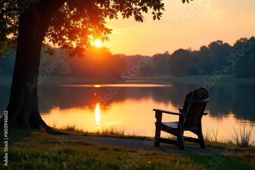 A single empty chair sits on a park bench overlooking a serene lake at sunset, conveying a feeling of peaceful solitude The golden hour light casts a warm glow , scenic, feeling, hope
