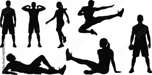 Athletic pose silhouettes, physical activity, sports movement, black white graphic, exercise variety, body motion, fitness illustration set