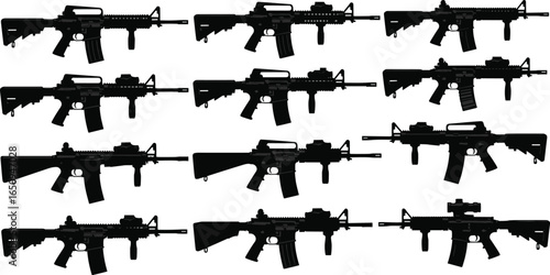 AR-style rifle silhouettes, 12 models, firearm variations, scopes, grips, stocks, barrel length, tactical weapon, black white graphic, gun set