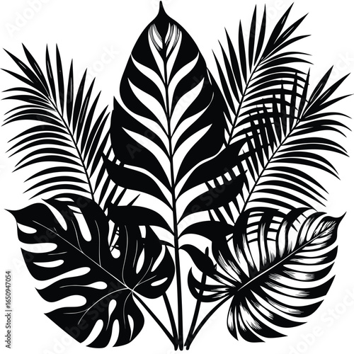 A striking black and white illustration featuring a dense arrangement of various tropical palm and monstera leaves.