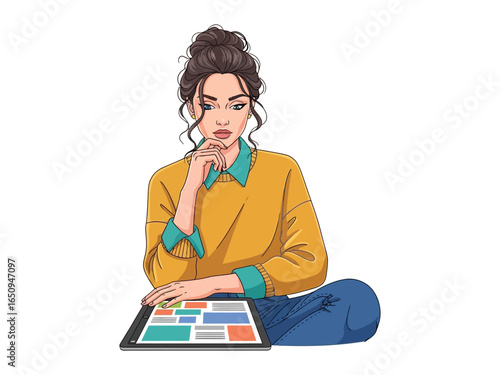 The Strategist: A digital artist thoughtfully explores design options on a tablet, meticulously planning the visual structure of a website's or graphic's aesthetic, conveying creativity and focus.