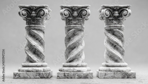 Three ancient-style columns, light gray,?detailed carvings,?facing forward