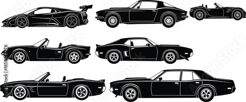 Car silhouettes set, side profile view, sports car, convertible, classic vehicle, black white graphic, automotive design, car collection